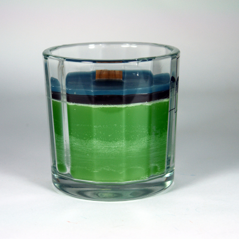 Kaars in groot glas (blauw-bruin-groen)