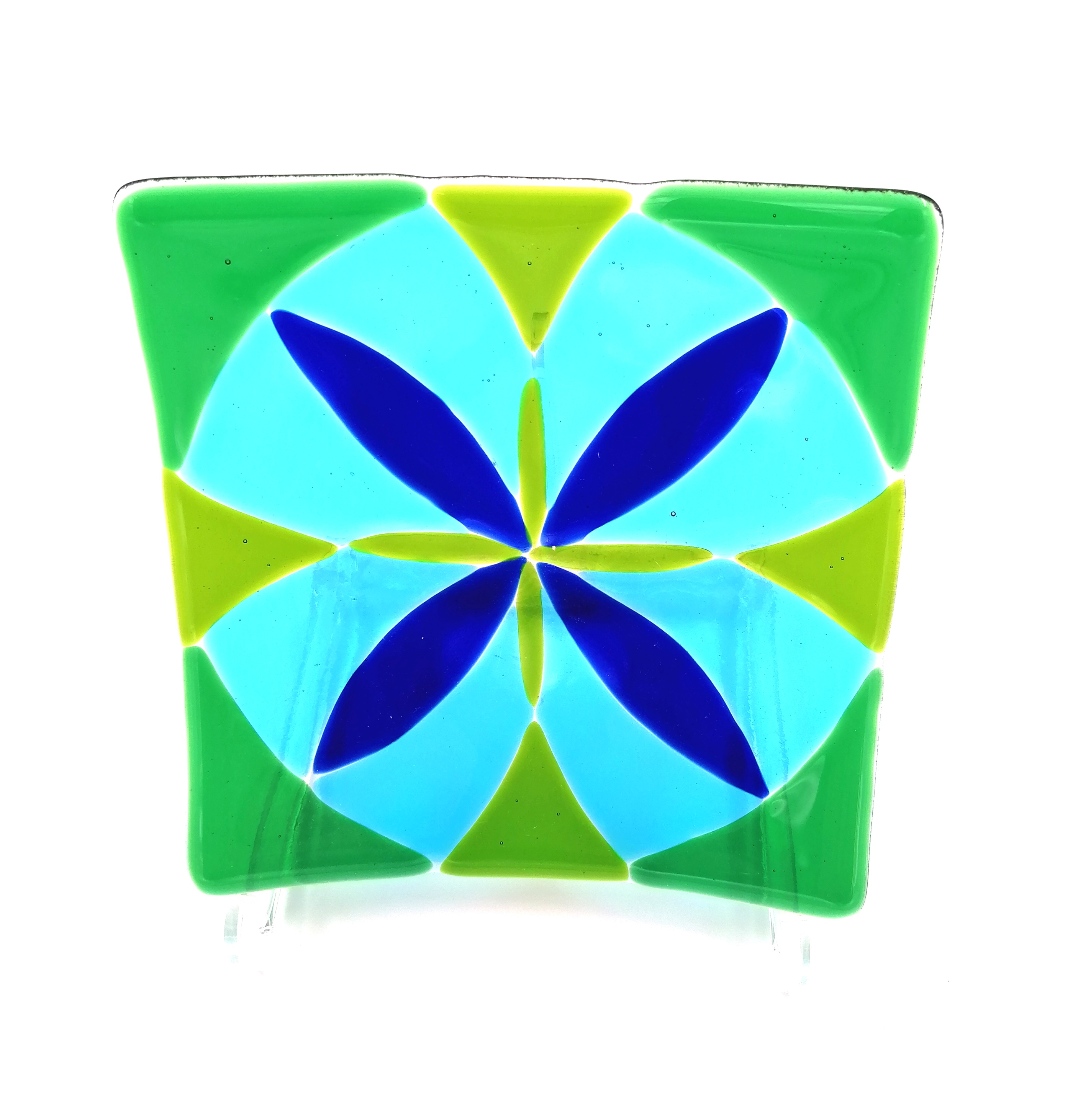 Blauw groen vierkant schaaltje met bloem